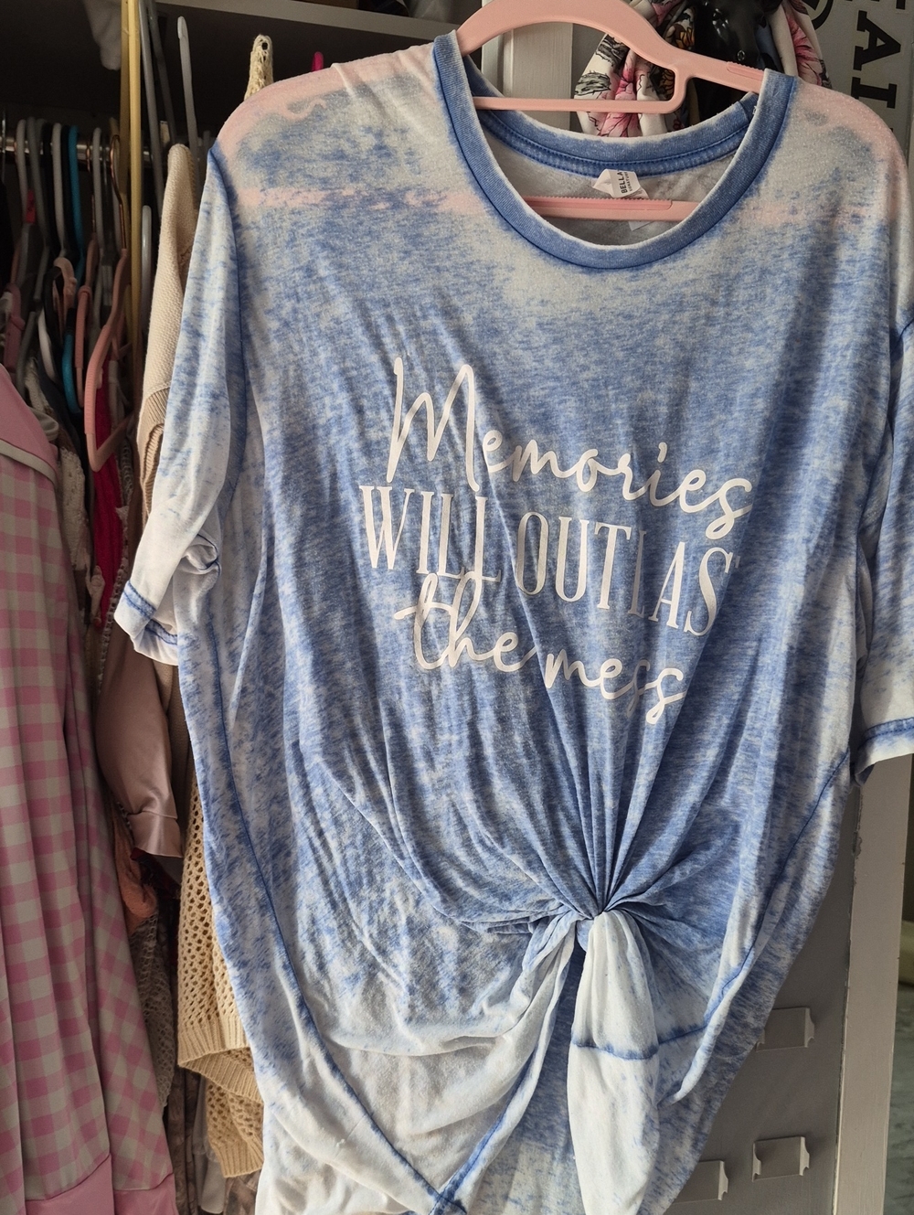 Bella Canvas Blue Tie-Front Memories Will Outlast The Mess Acid Washed Print Tee